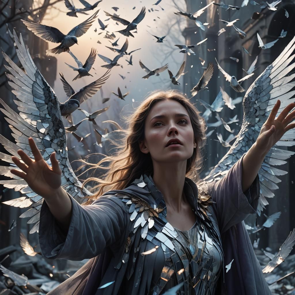 Ethereal Winged Woman in Shattered Mirror Landscape