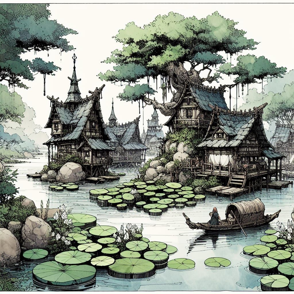 High Fantasy Fishing Village on Lily Pads