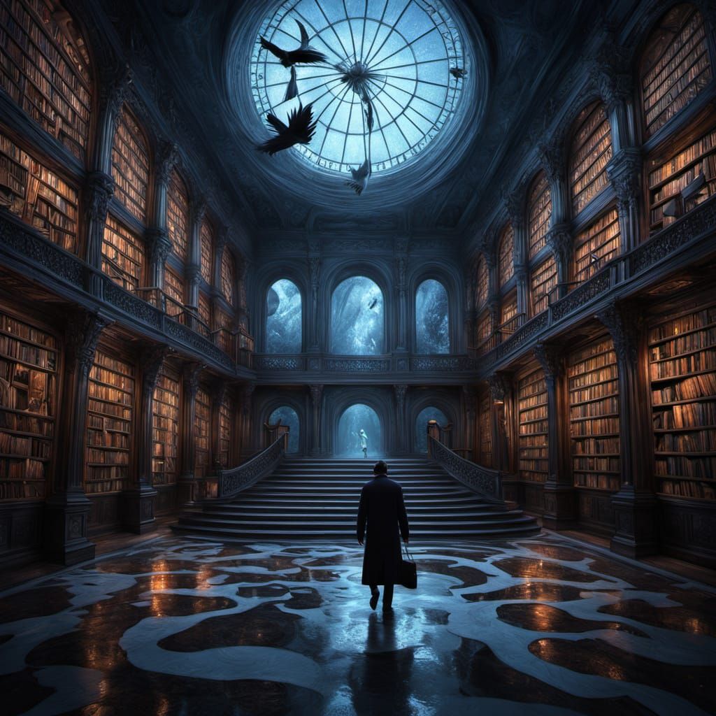 Surreal Infinite Library with Floating Books and Time Ripple...