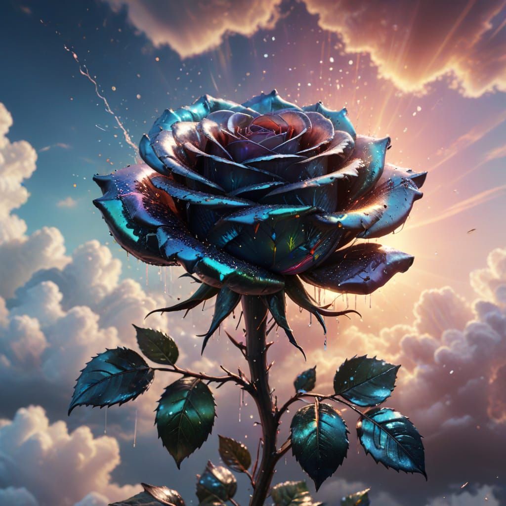 Hyperrealistic Iridescent Black Rose in Dramatic Setting