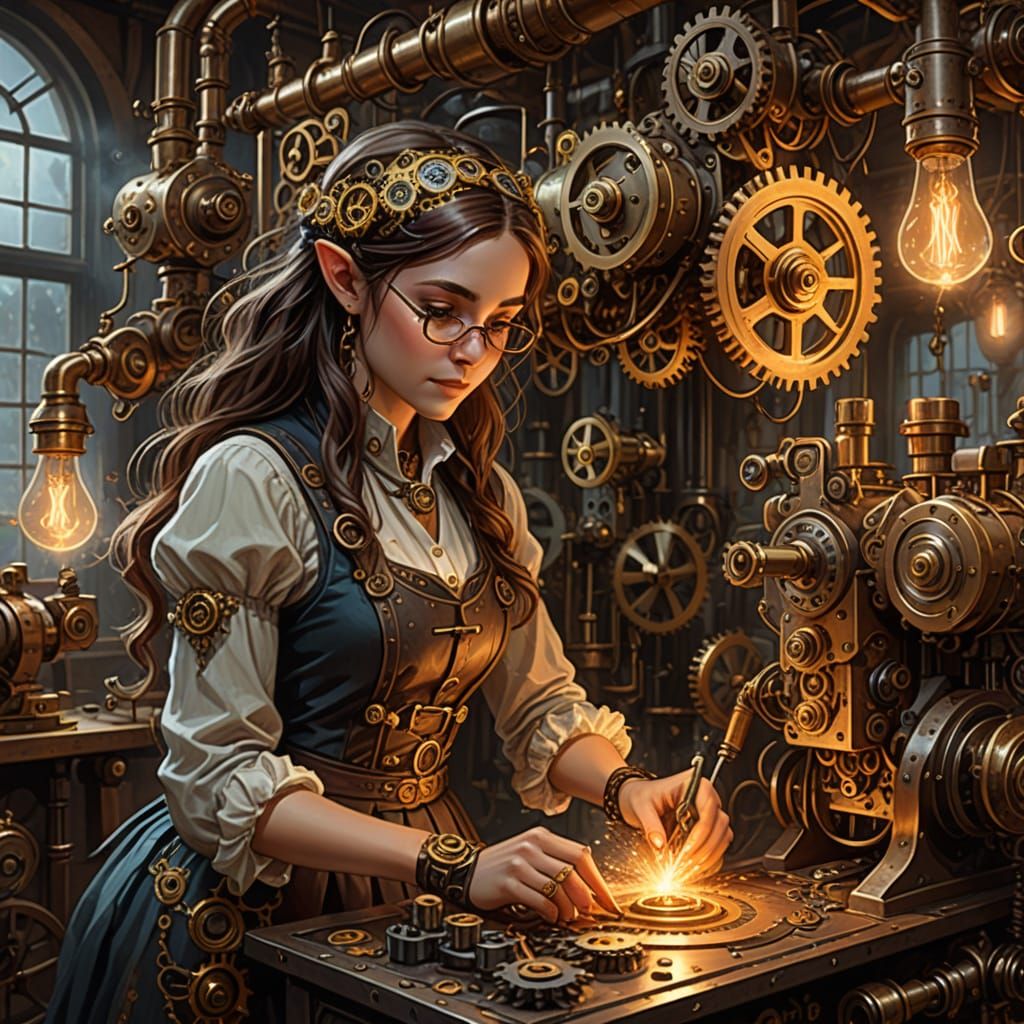 Steampunk She Elf Crafts Robotic Invention in Workshop