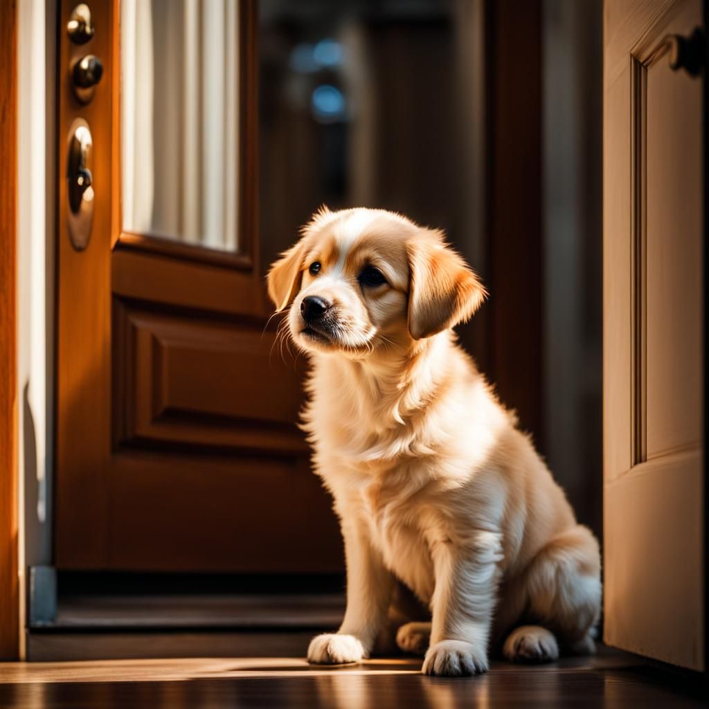 Hyperrealistic Puppy Waiting in Warm Sunlight