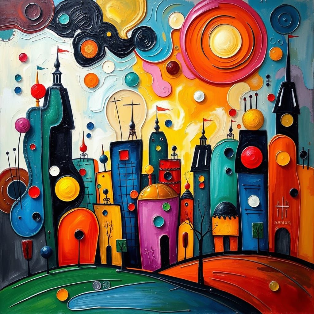 Abstract Cityscape Oil Painting in Miró and Kandinsky Style