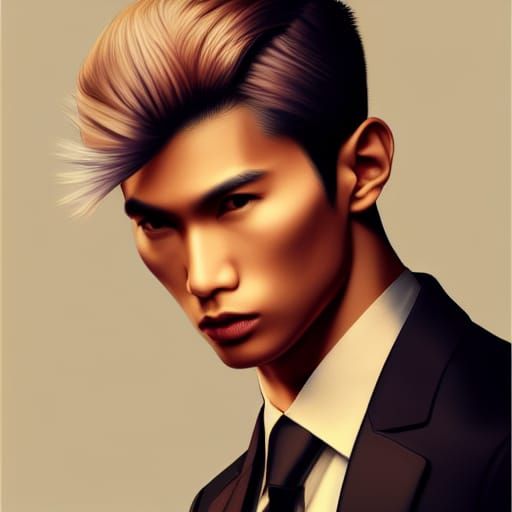 Asian Male model, incredibly handsome,  long , feathered-cut  hair over one eye, earrings,Armani Exchange , Loic Raout,r...