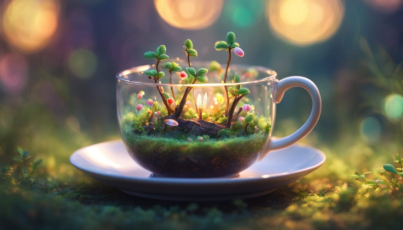 Miniature Forest Teacup: Whimsical Fantasy Art