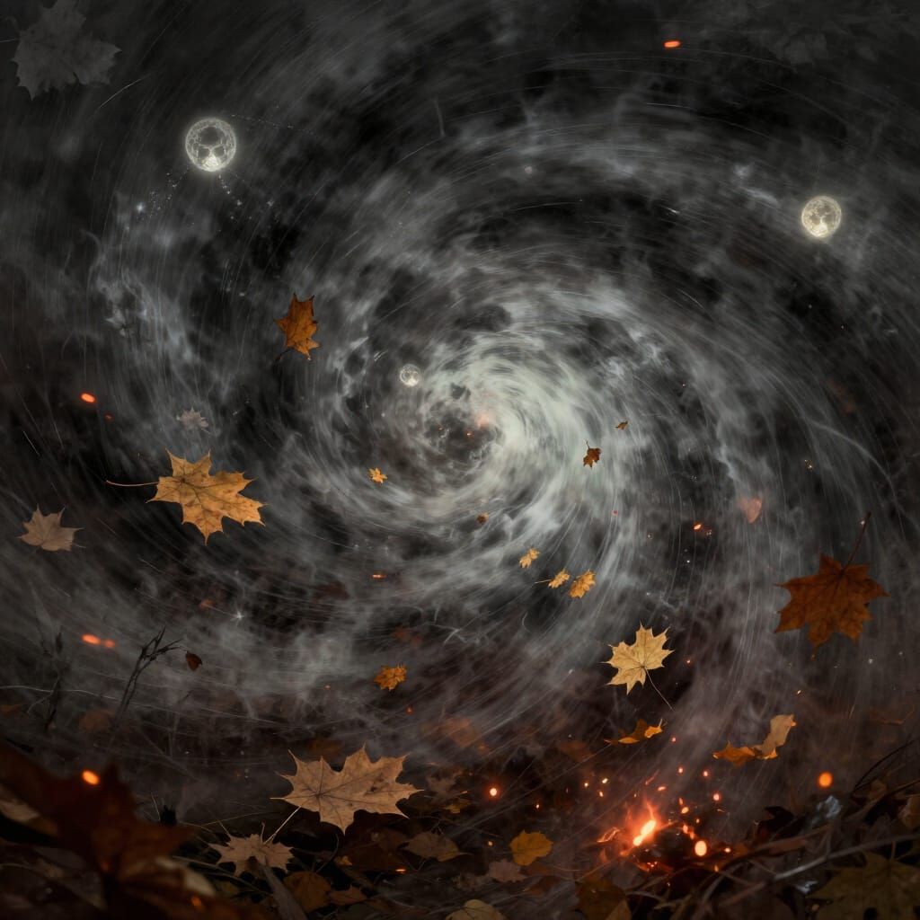 Autumn Leaves Swirling in a Dark Fantasy Storm with Ethereal...