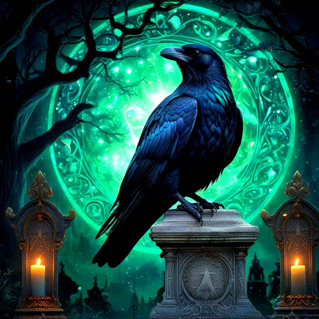 Cosmic Raven Perched in Graveyard, Art Nouveau Style