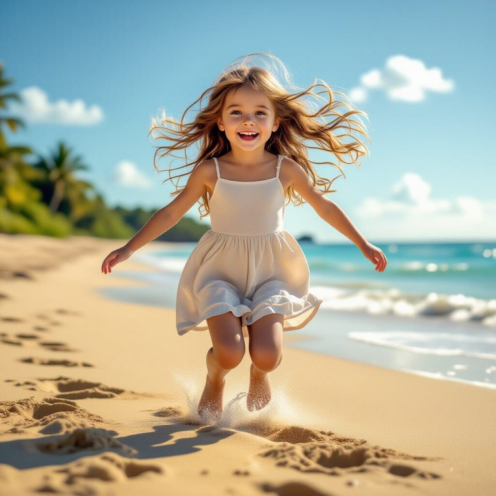Joyful Girl Jumps on Sandy Beach During Golden Hour