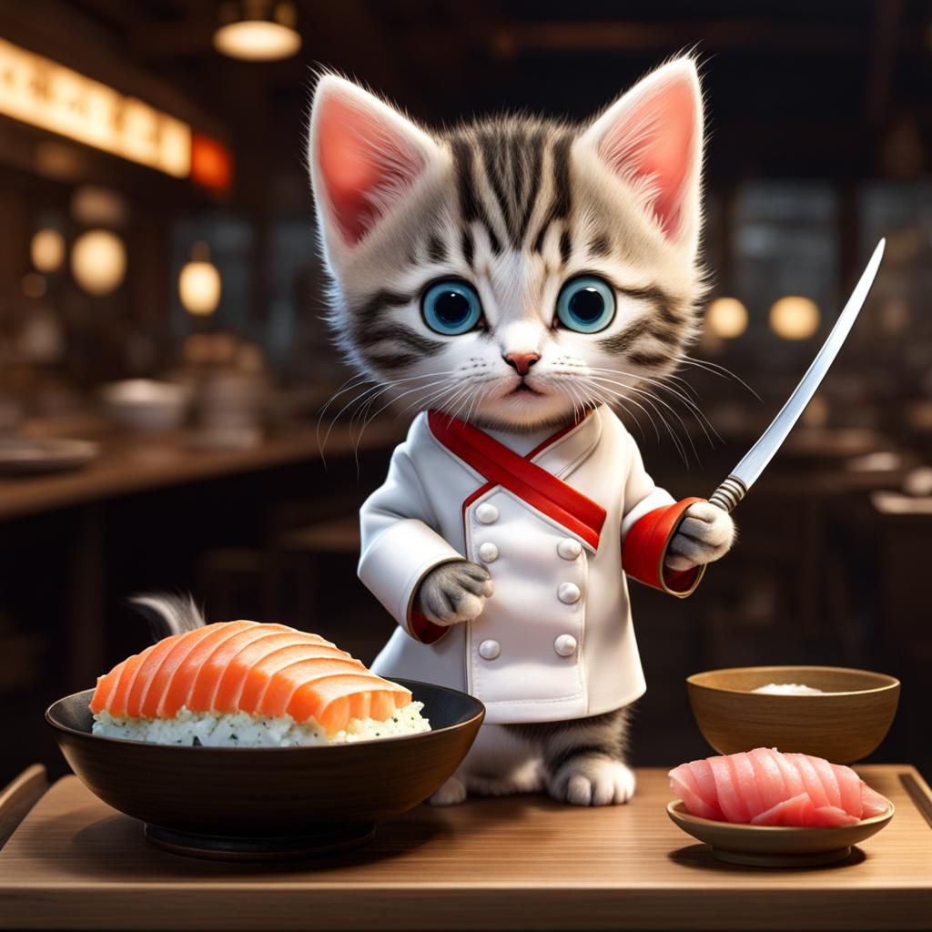 Sushi Chef Kitten in Japanese Restaurant