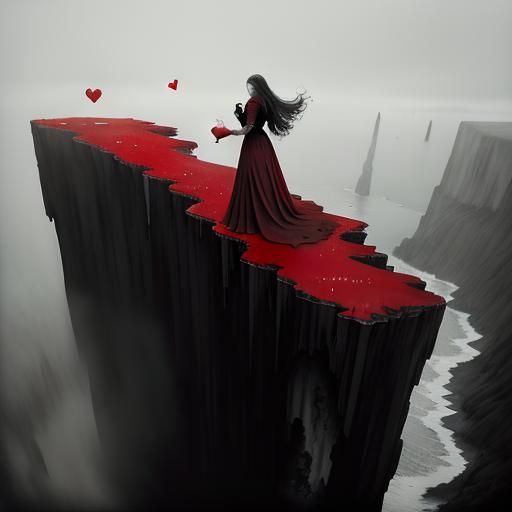 Woman Dropping Red Hearts off Cliff Edge