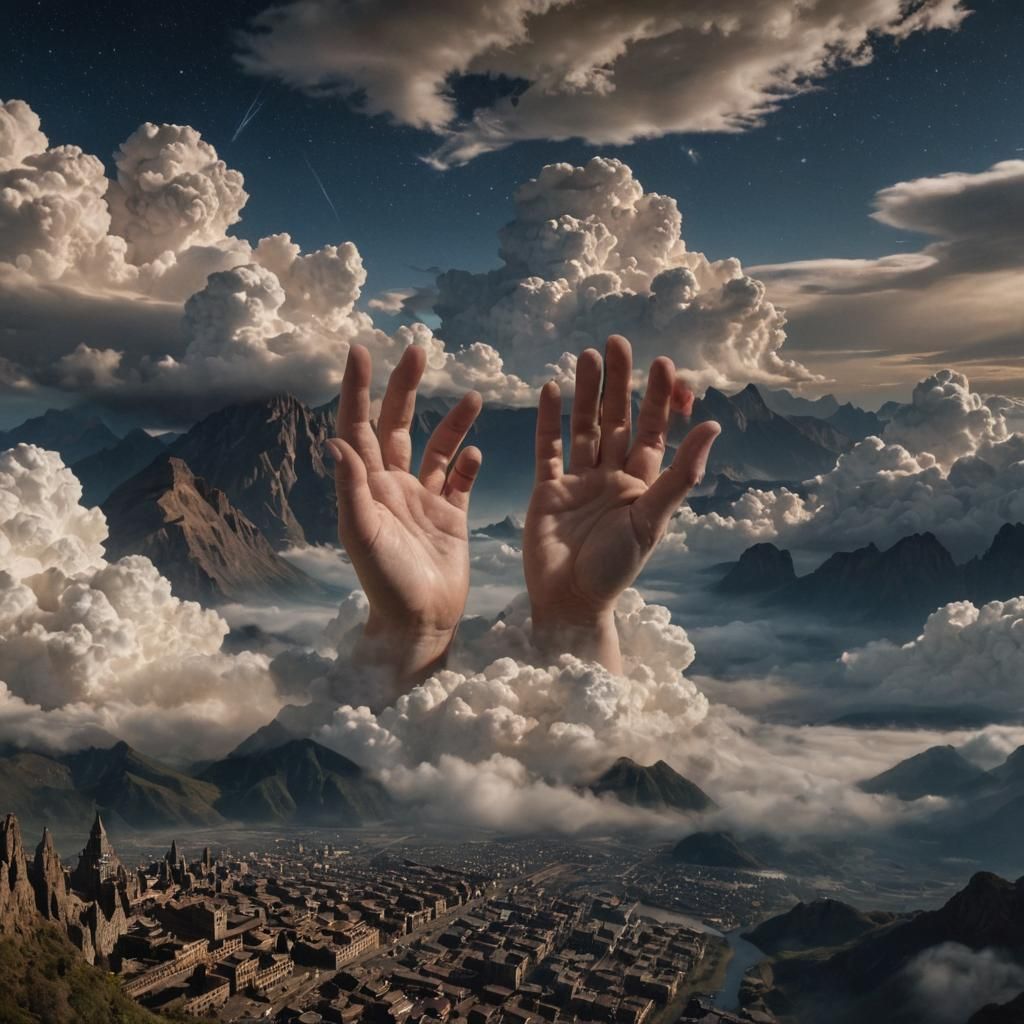Fantastical photo of giant hands emerging from clouds, molding landscape below, pinched earth forming mountains, finger-...