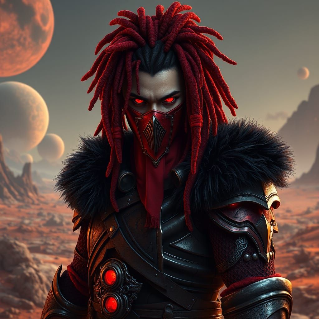 Regal Crimson Warrior on Distant Planet in Fantasy Armor
