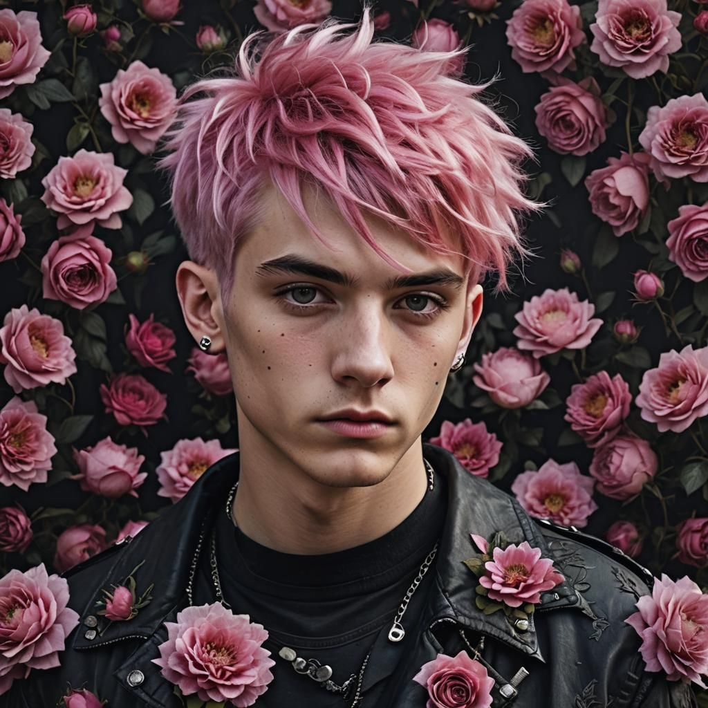 Pink-Haired Punk Portrait with Floral Background