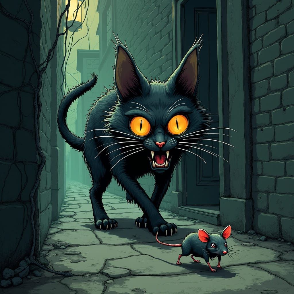 Gothic Cat Pursues Frightened Rat in Dark Alley