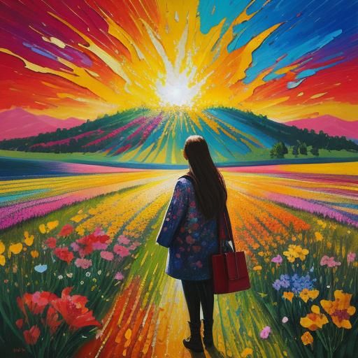Girl in Sunrise Flower Field: Impasto Alcohol Ink Painting