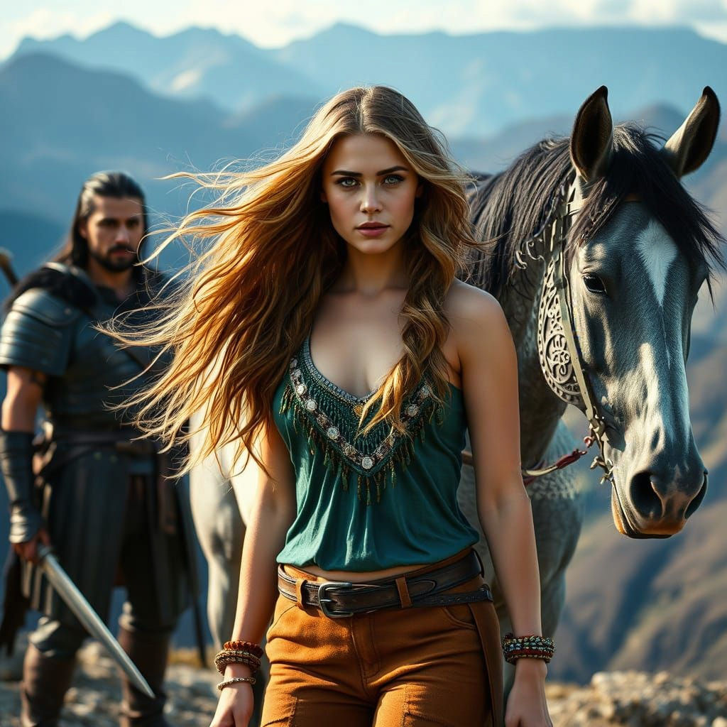 Cinematic Film Still of Warrior Woman and Horse