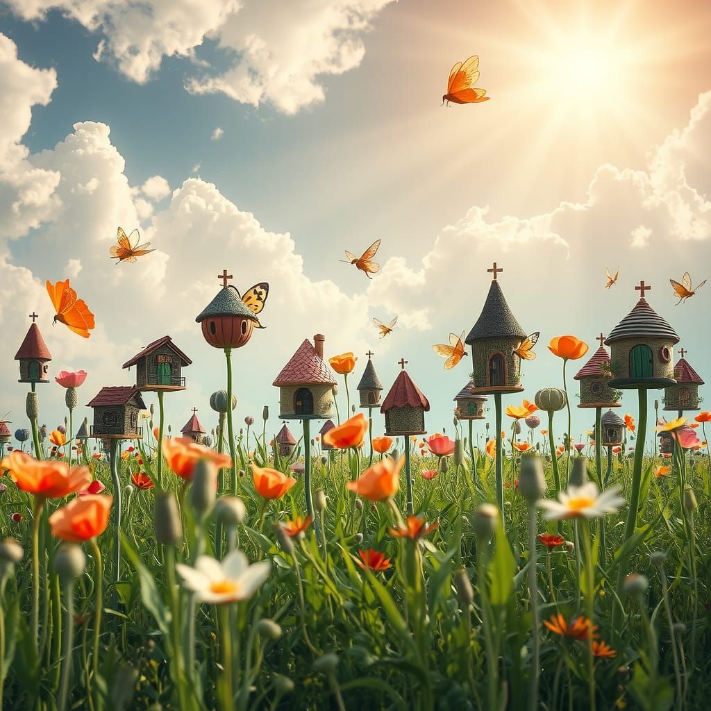 Dreamscape Meadow: Whimsical Fairy Dwellings in Radiant Ligh...