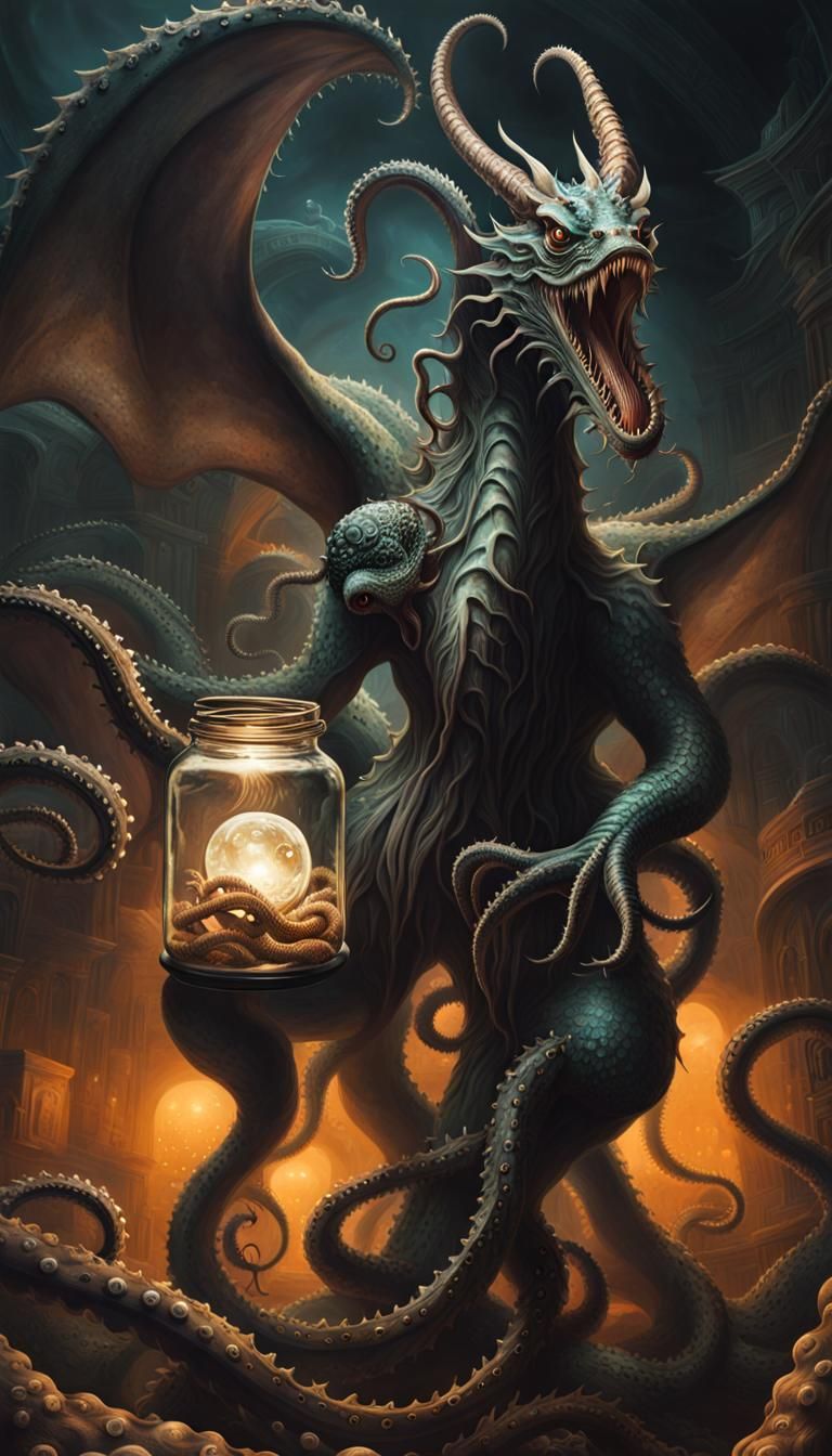 Cthulhu-esque Dragon Monster in a Jar: Streetwear Art