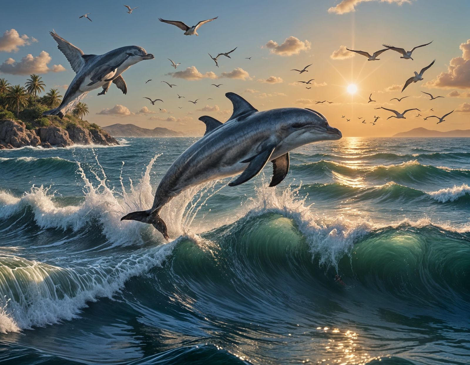 Realistic Ocean Scene with Dolphins and Whales