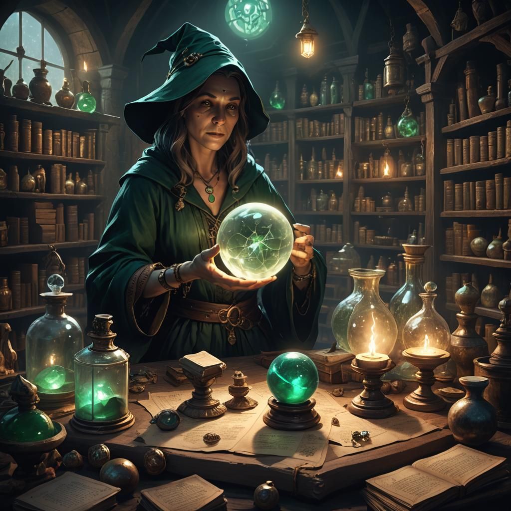 Mystical Witch in Dimly Lit Apothecary
