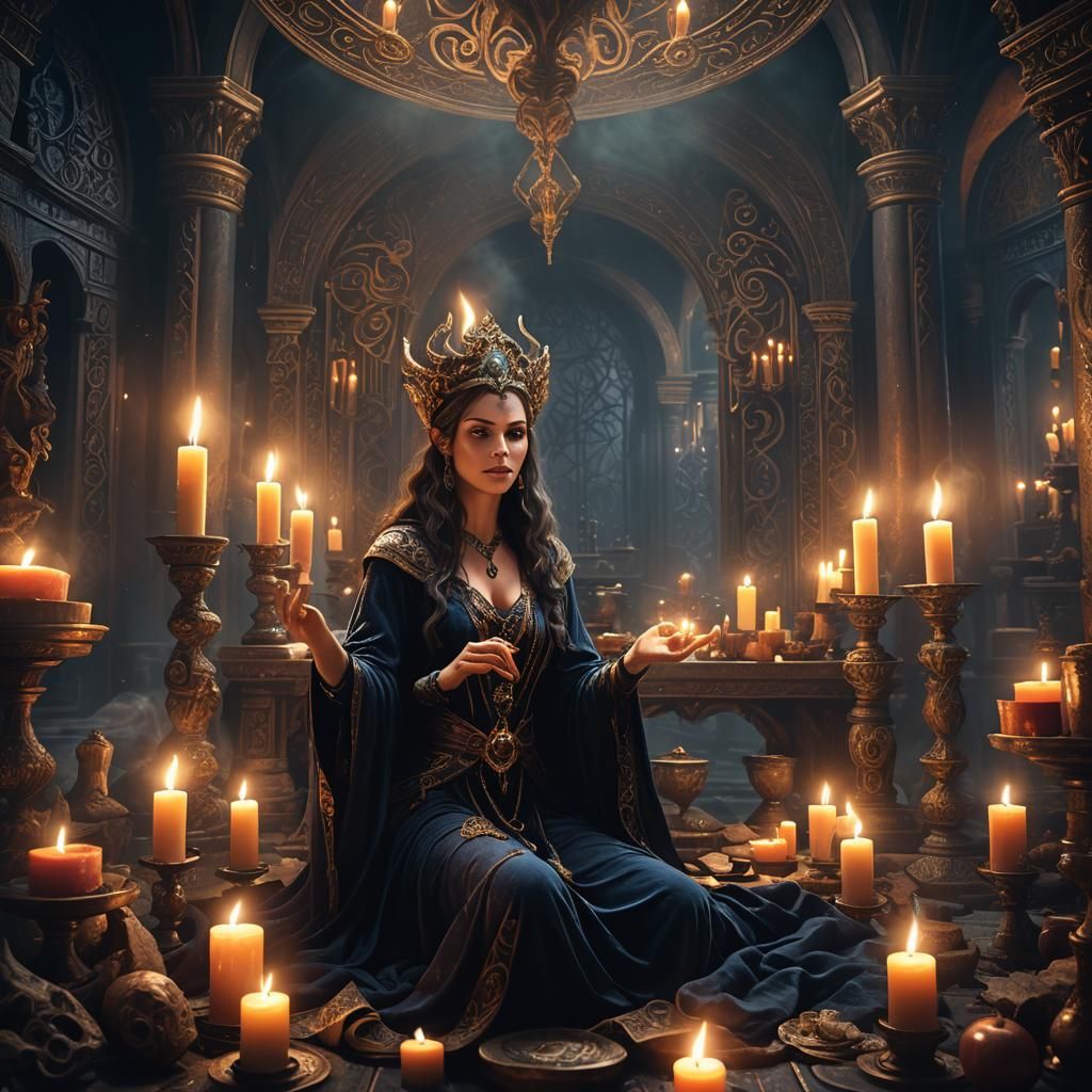 Mystical Sorceress in Ornate Chamber, Fantasy Concept Art