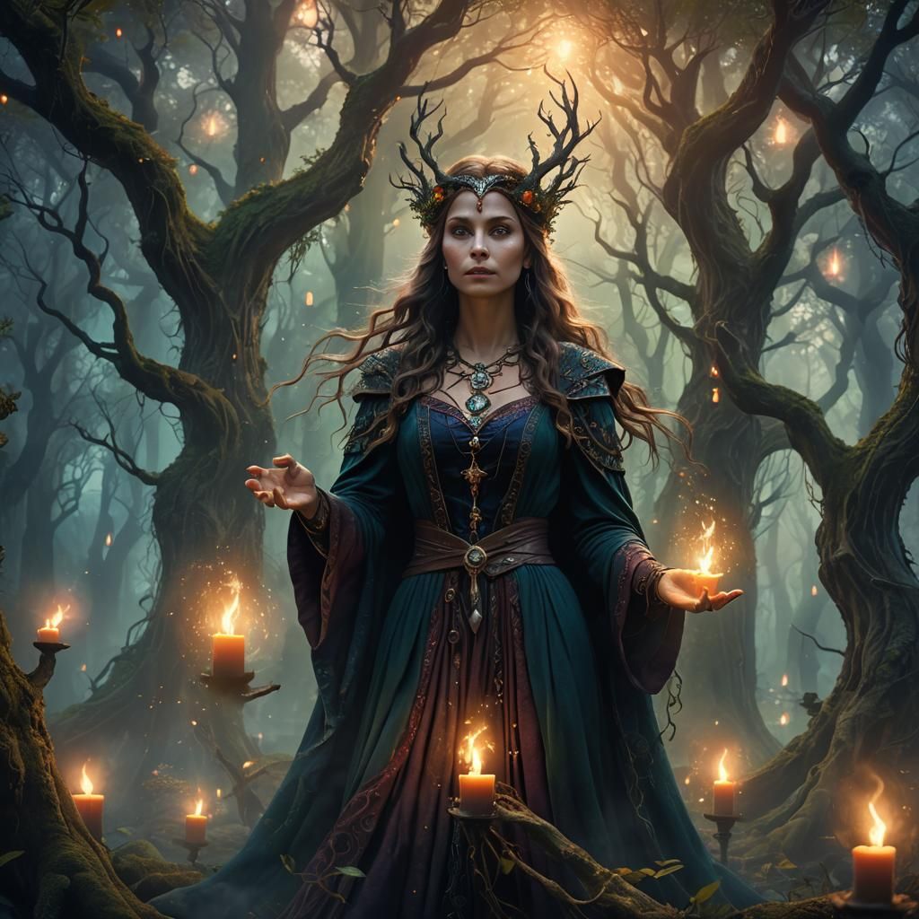 Sorceress Casting Spell in Mystical Forest: Digital Matte Pa...