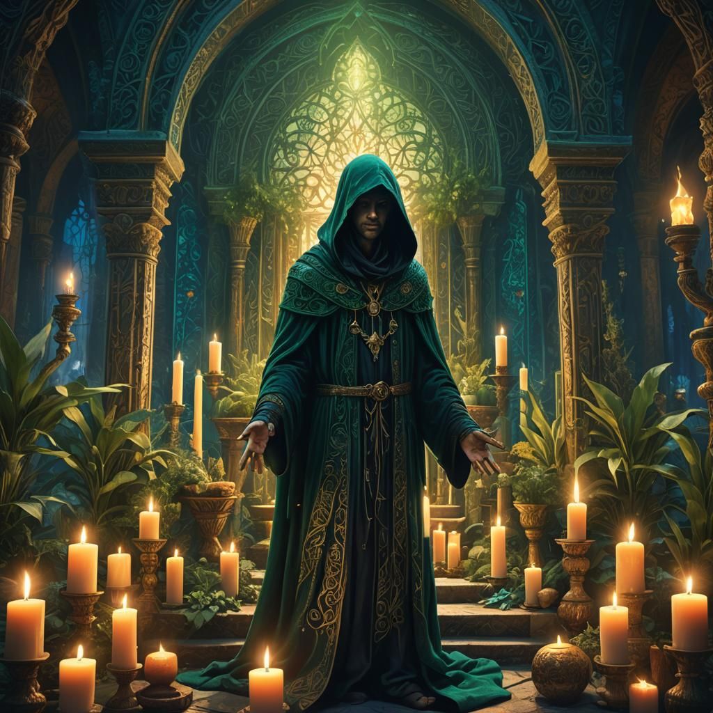 Mystical Hooded Figure at Ornate Altar: Fantasy Art