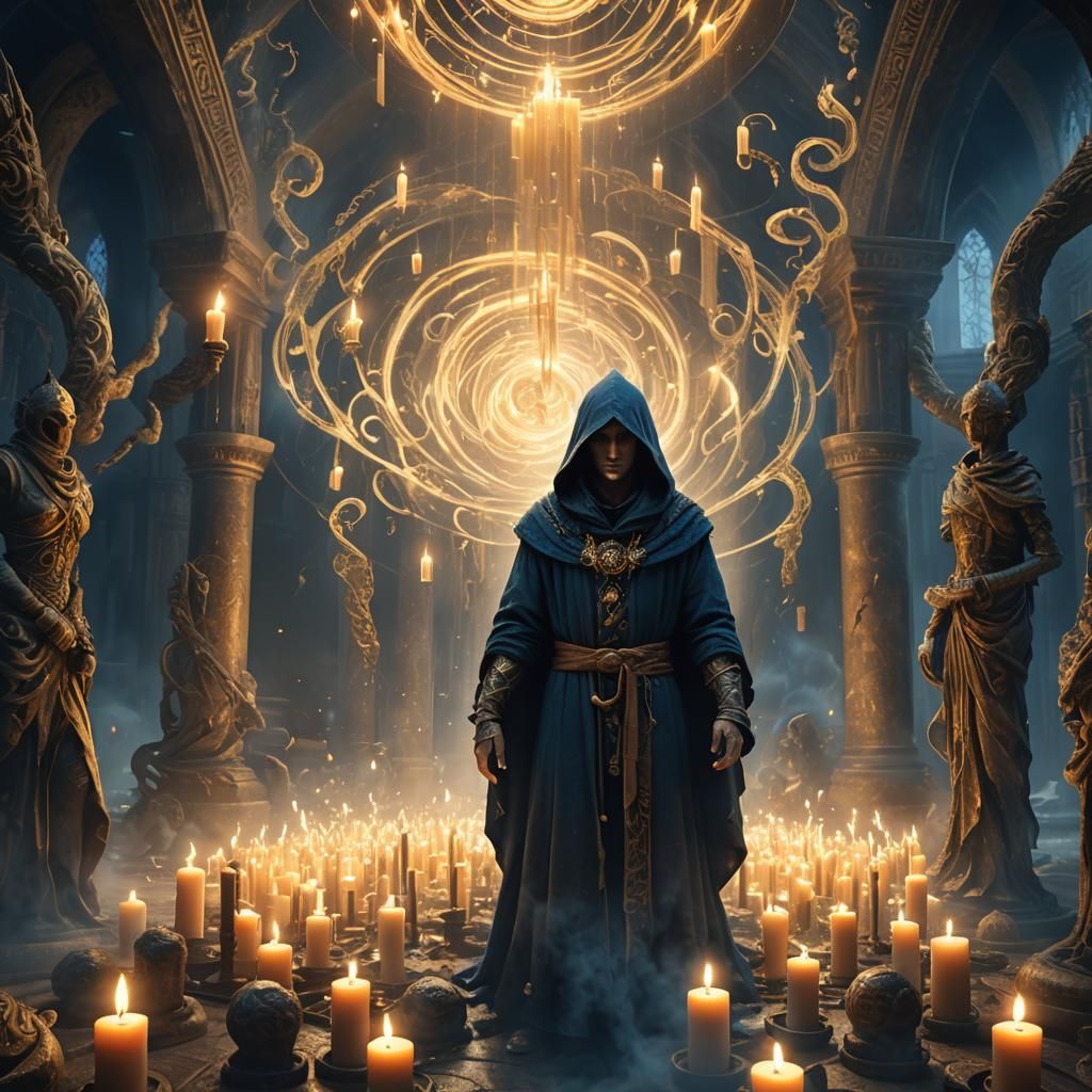 Mystical Hooded Figure in Candlelit Vortex