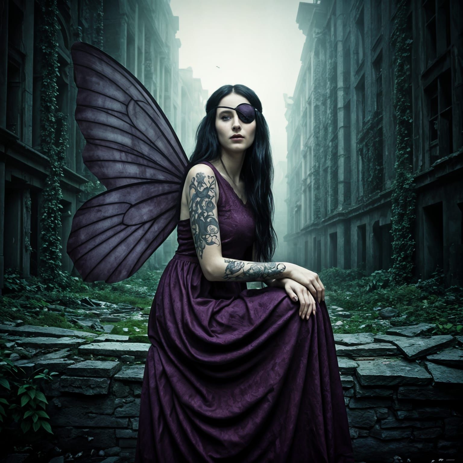 Gothic Fairy in Abandoned City, Fine Art Photography