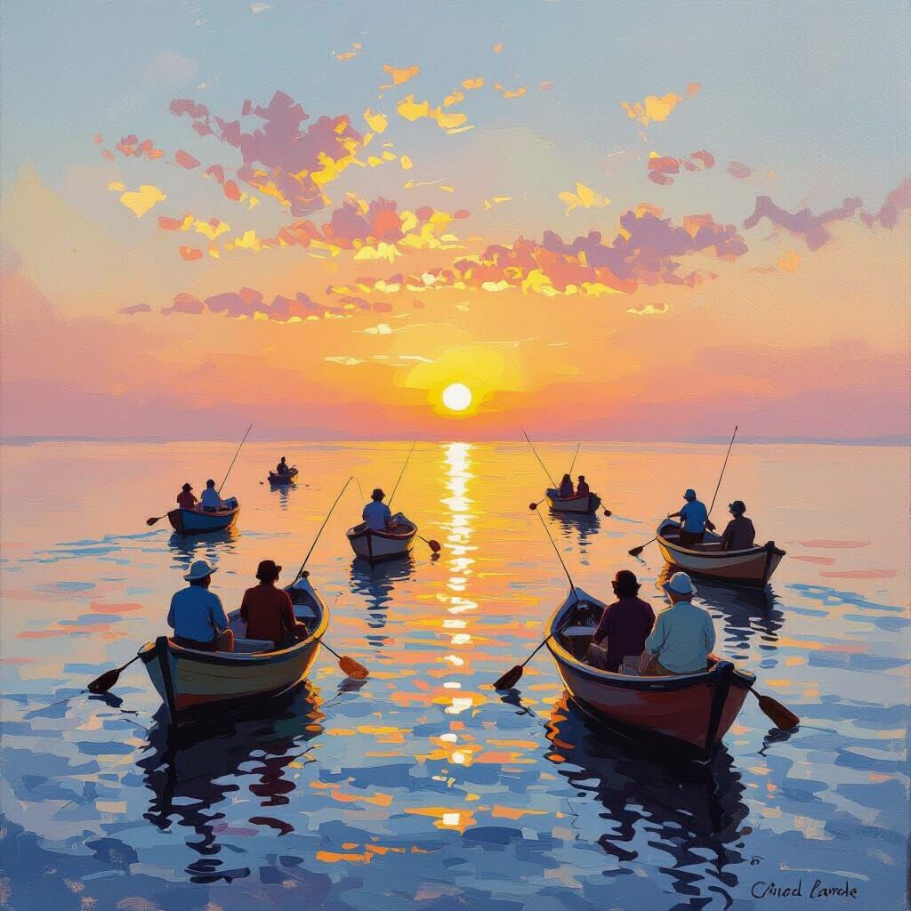 Serene Golden Hour Fishing Scene in Impressionistic Style