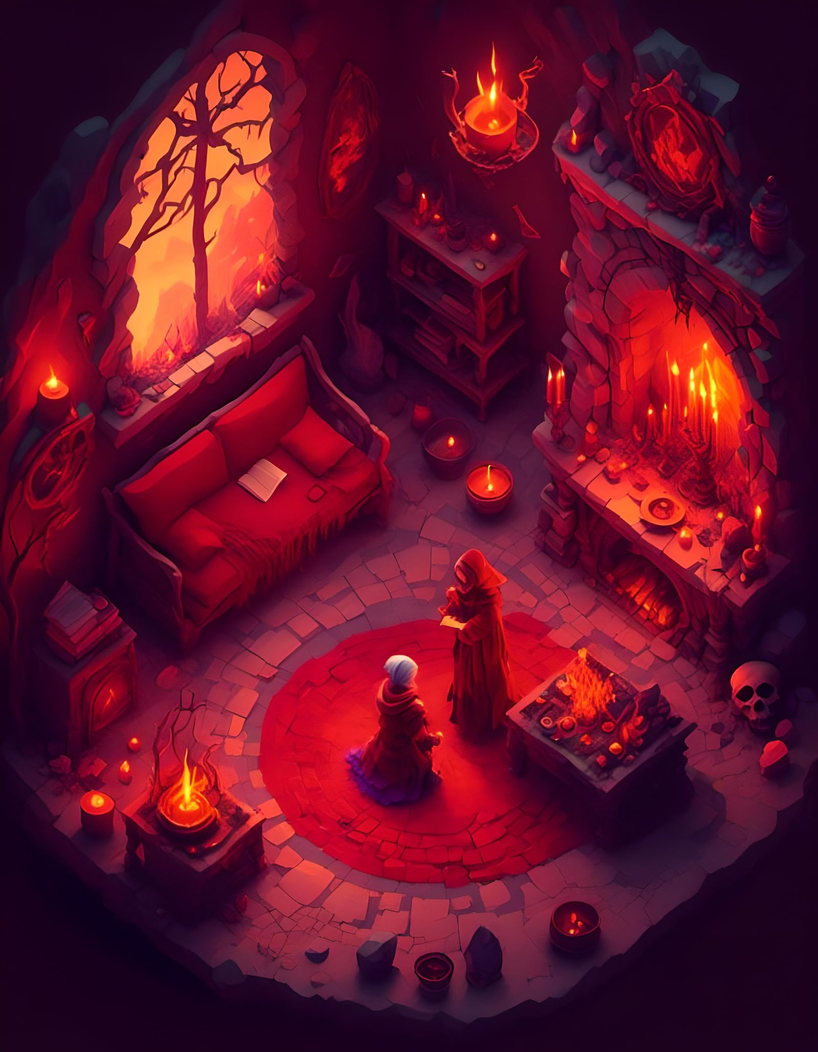 Isometric View of Necromancy Practice in Cozy Interior