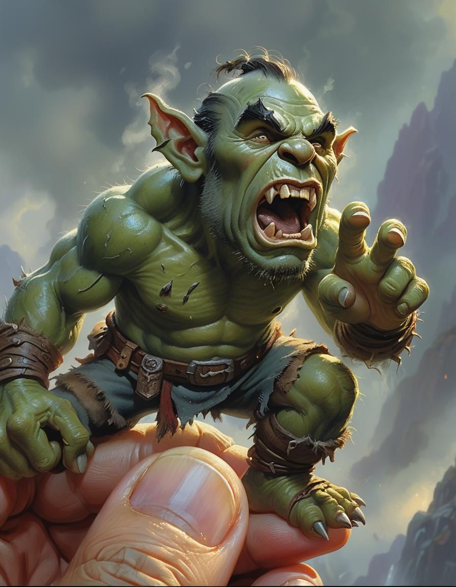 Tiny Orc Yelling on Fingertip in Ethereal Style