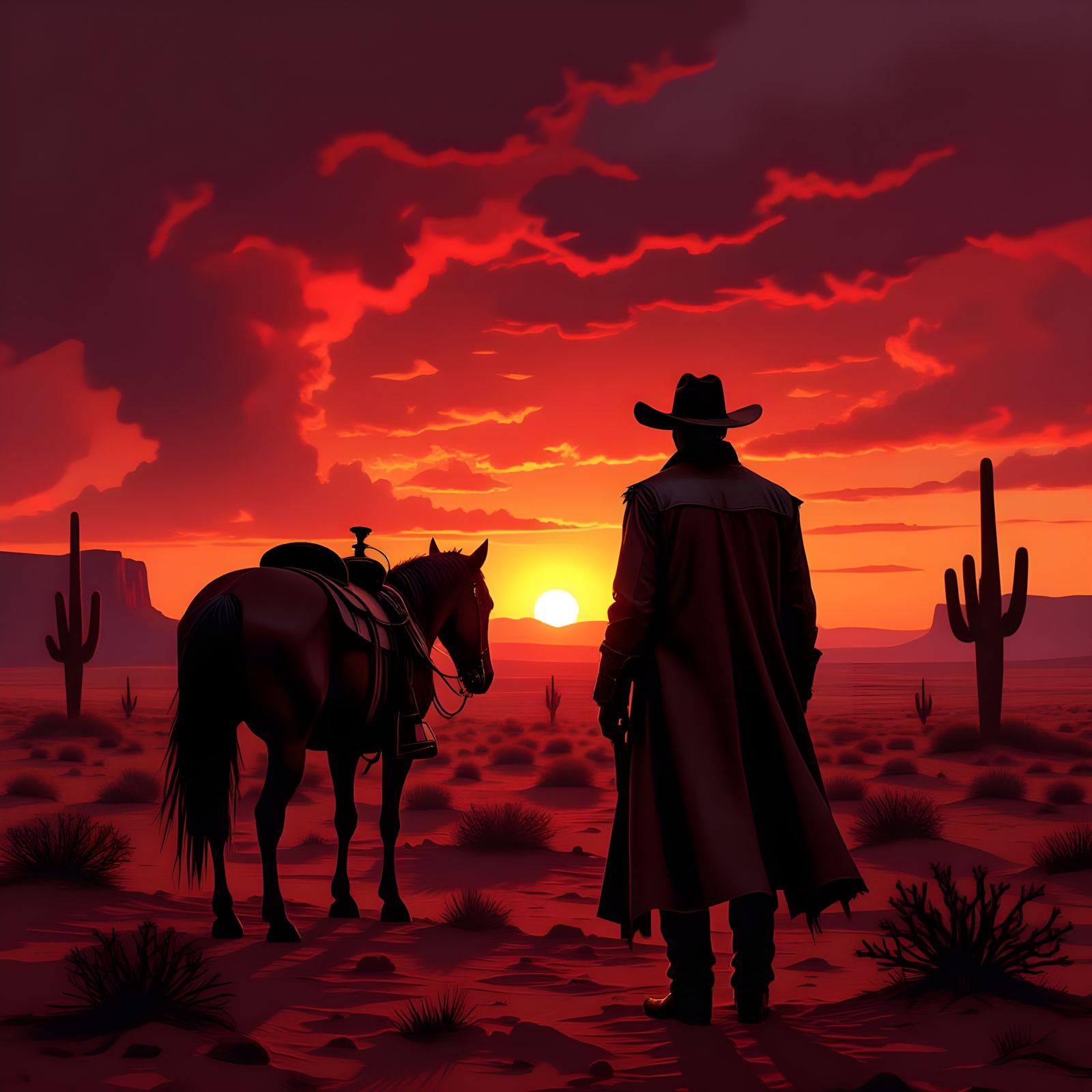 Cowboy Sunset Silhouette in Spaghetti Western Style