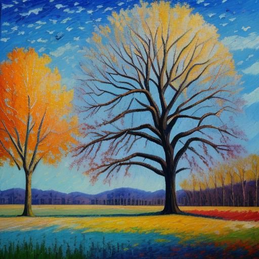 Neo-Impressionist Sunset Painting of Leafless Tree