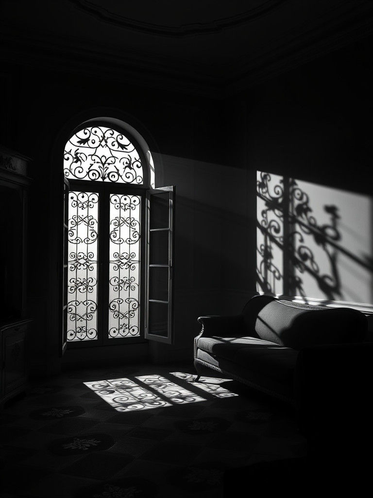 Elegant Living Room with Film Noir Lighting