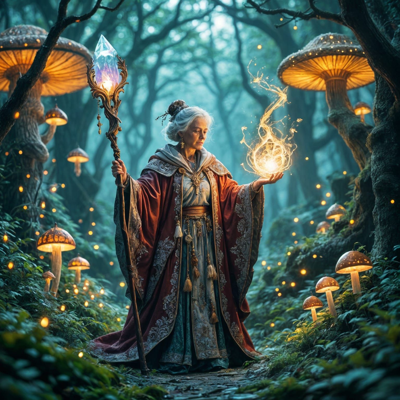 Grandmother Casting Magic Spell in Glowing Forest