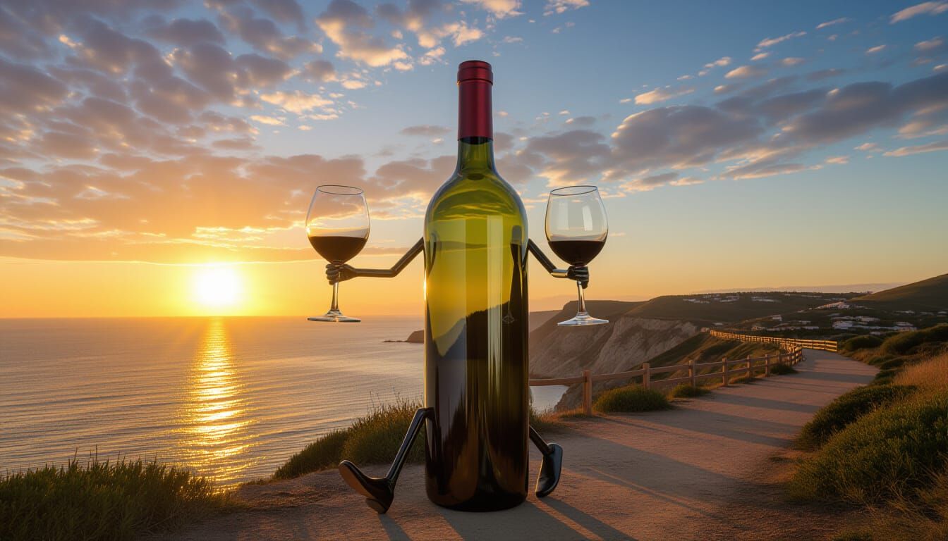 Photorealistic Wine Bottle Person Strolls Cliffside at Sunse...