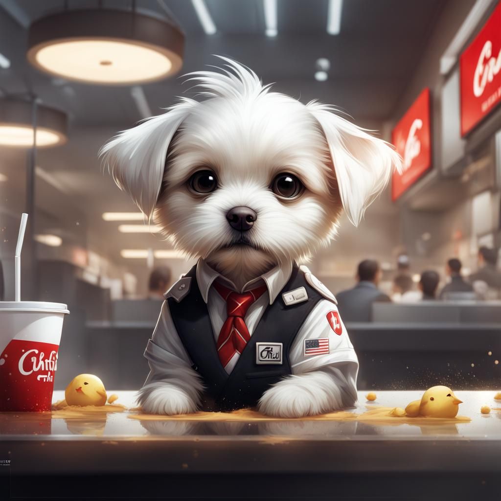 Chibi Dog Working at Chick-Fil-A in Cel-Shaded Style