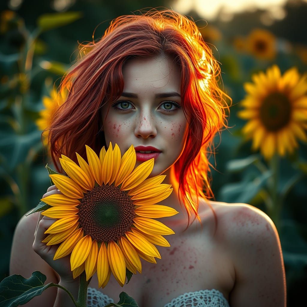 A Freckled Redhead Poses with a Sunflower in Morning Light