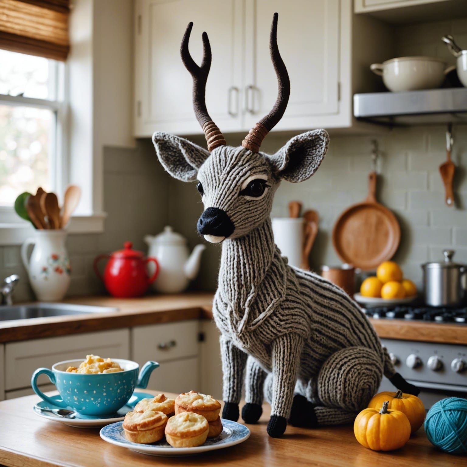 Kitschy Kudu in Kitchen with Knitting