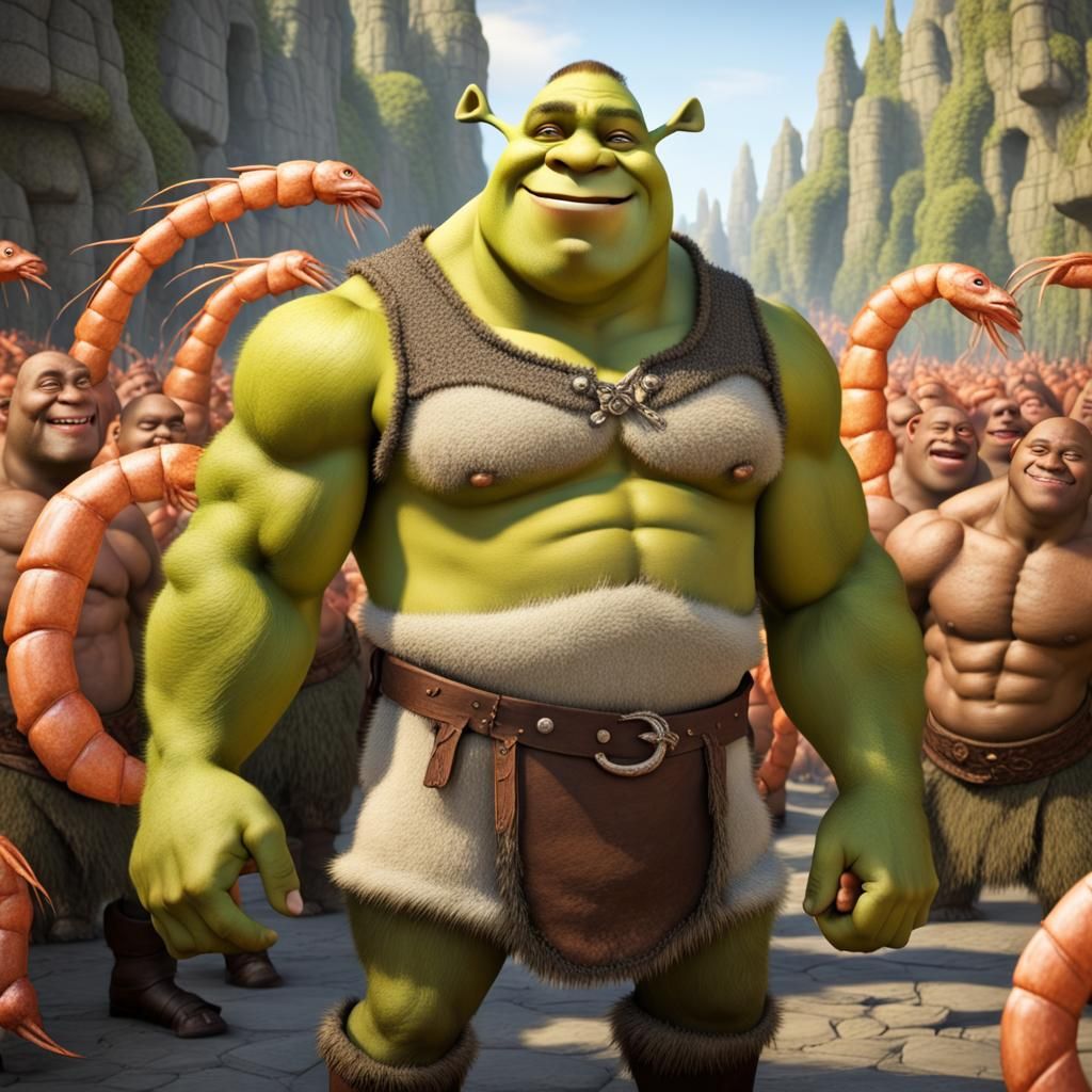Muscular Shrek Flexing for Cheering Shrimp-People