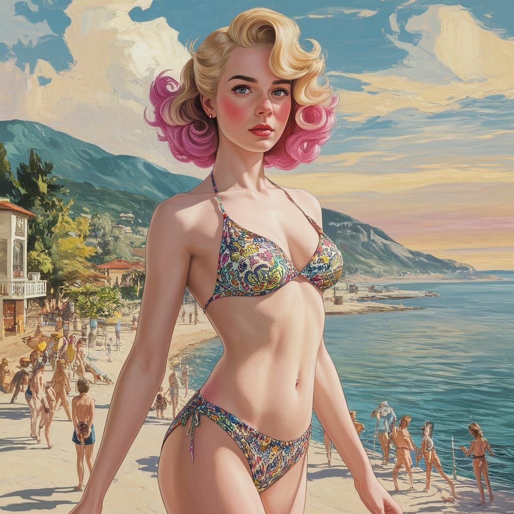 Neon Pin-Up Girl in Art Nouveau Style