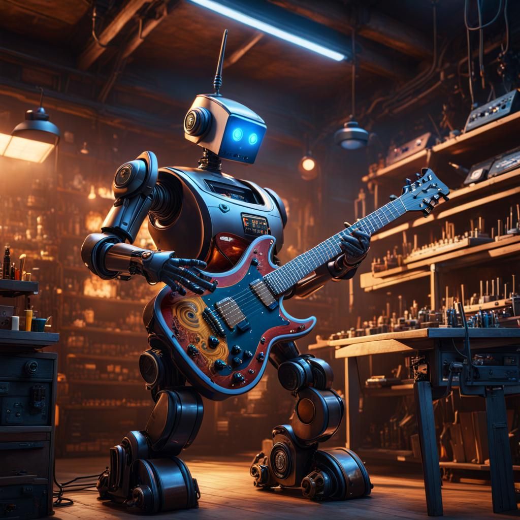 Robot Crafts Guitar: Detailed Matte Painting