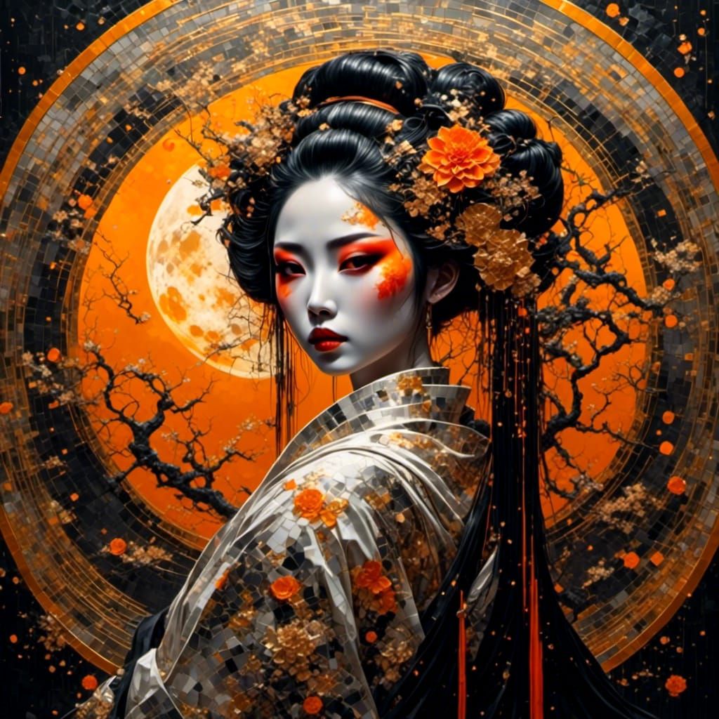 Elegant Geisha Portrait in Tiled Sunshine Style