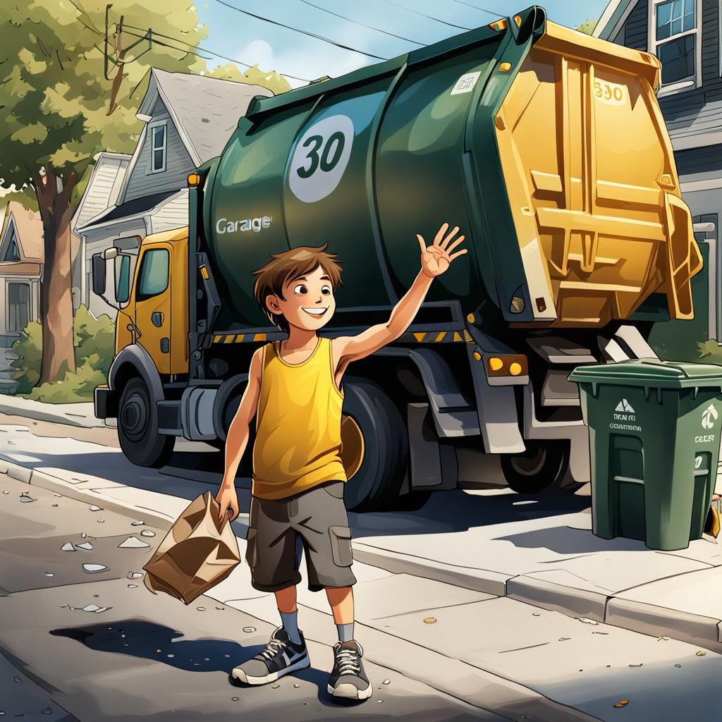 Boy Waves at Garbage Truck: Detailed Matte Painting