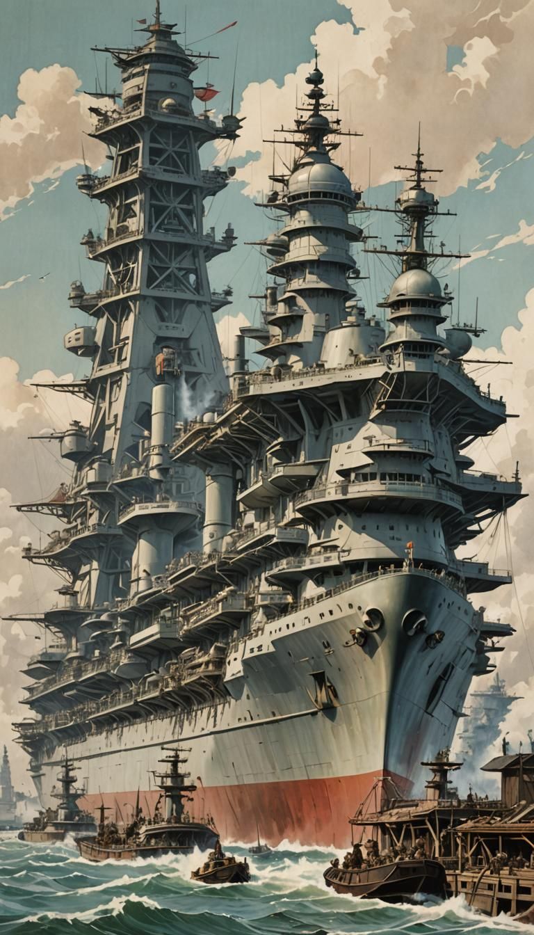 Japanese Battleship with Air Tower, Alphonse Mucha Style