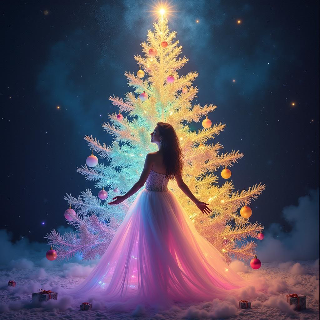 Woman Under a Luminous Christmas Tree in Astral Art