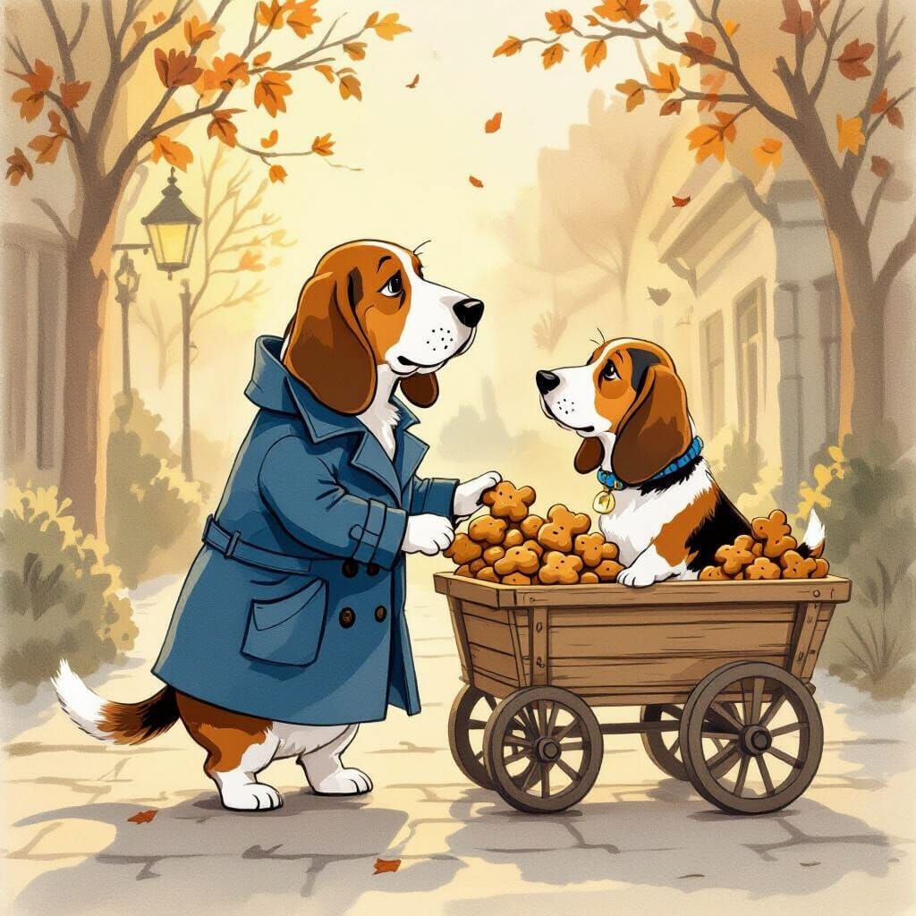 Basset Hound Sells Dog Treats in Blue Trench Coat