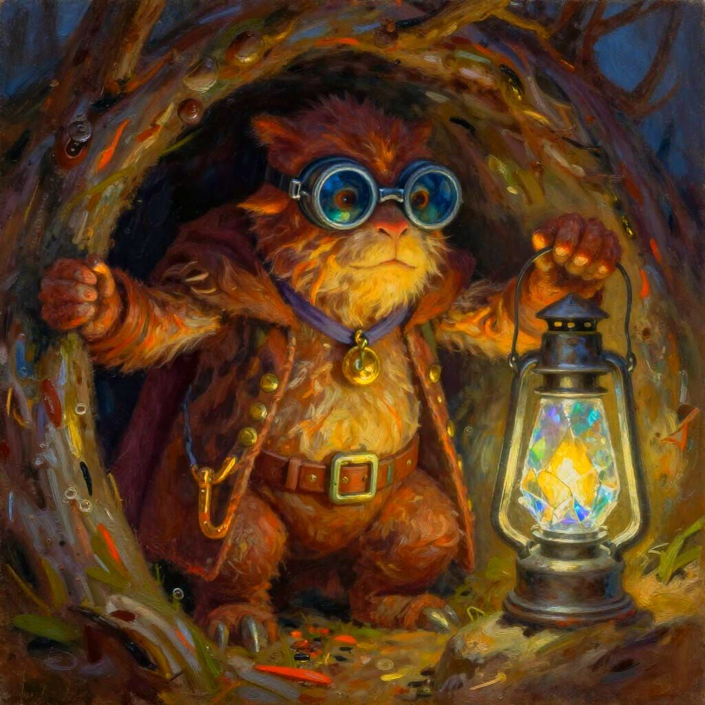 Burrow-Warden Hybrid with Crystal Lantern Oil Painting