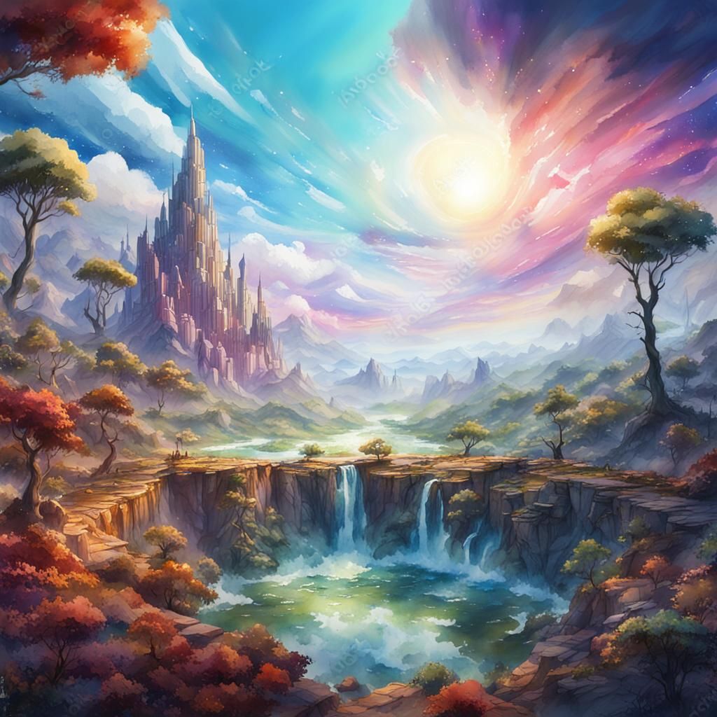 Watercolor Sky Paradise: Detailed Fantasy Concept Art